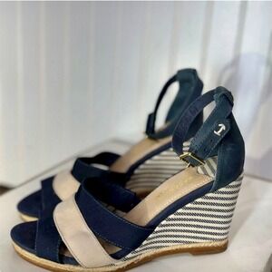 Sperry Top-Sider Navy White Striped Wedge Sandals 9.5M Nautical Coastal Preppy